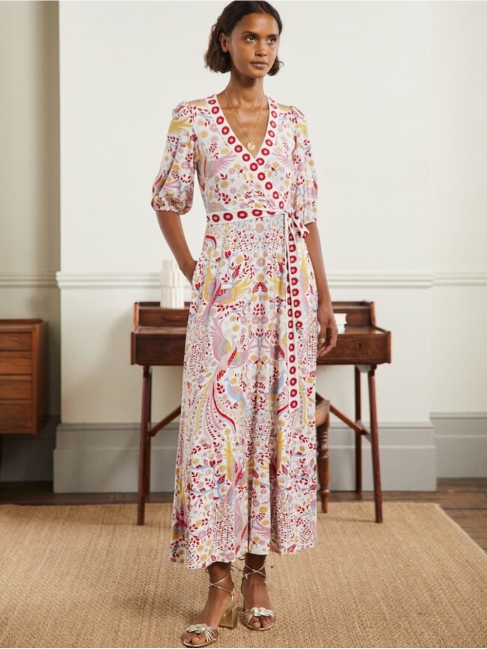 Boden beautifil Enchanting Peacock print fixed Floral Wrap Maxi Dress